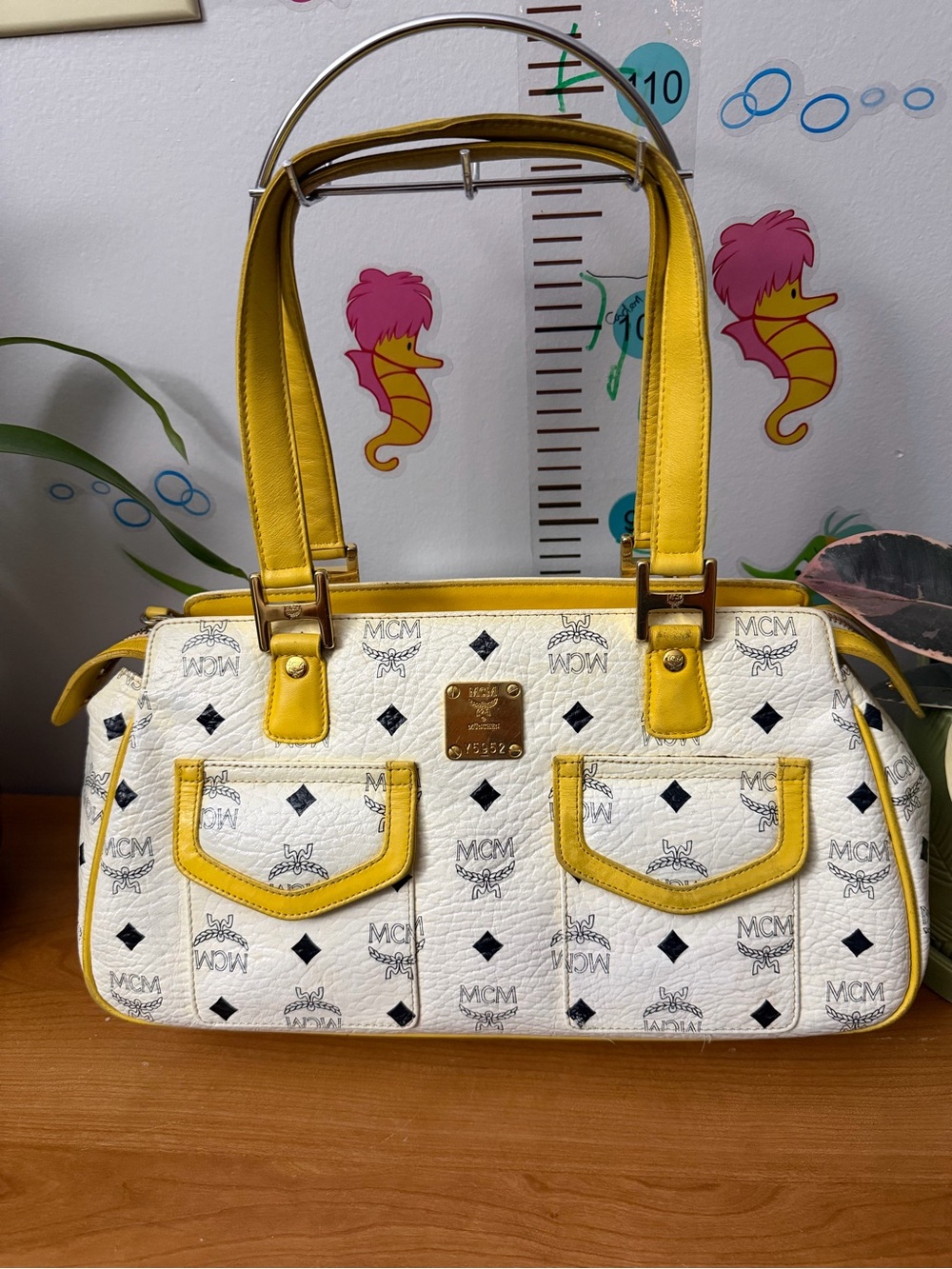 MCM White Leather Tote with Yellow Trim and Handles
